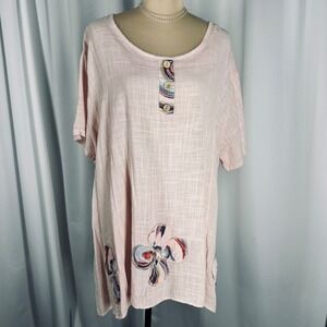 Cherishh Italy Pink Textured Cotton Blend Floral Applique Henley Tunic Top Artsy